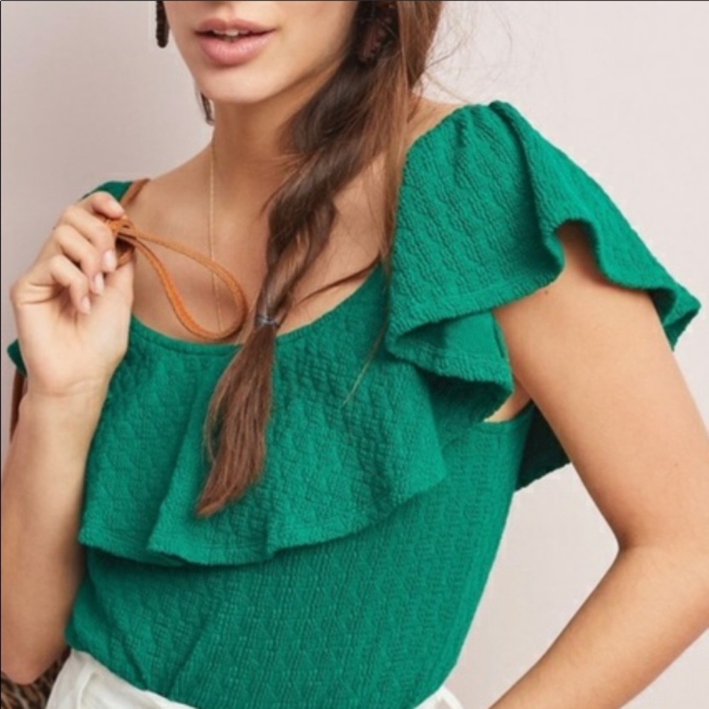 ANTHROPOLOGIE Green Off-the-Shoulder Blouse